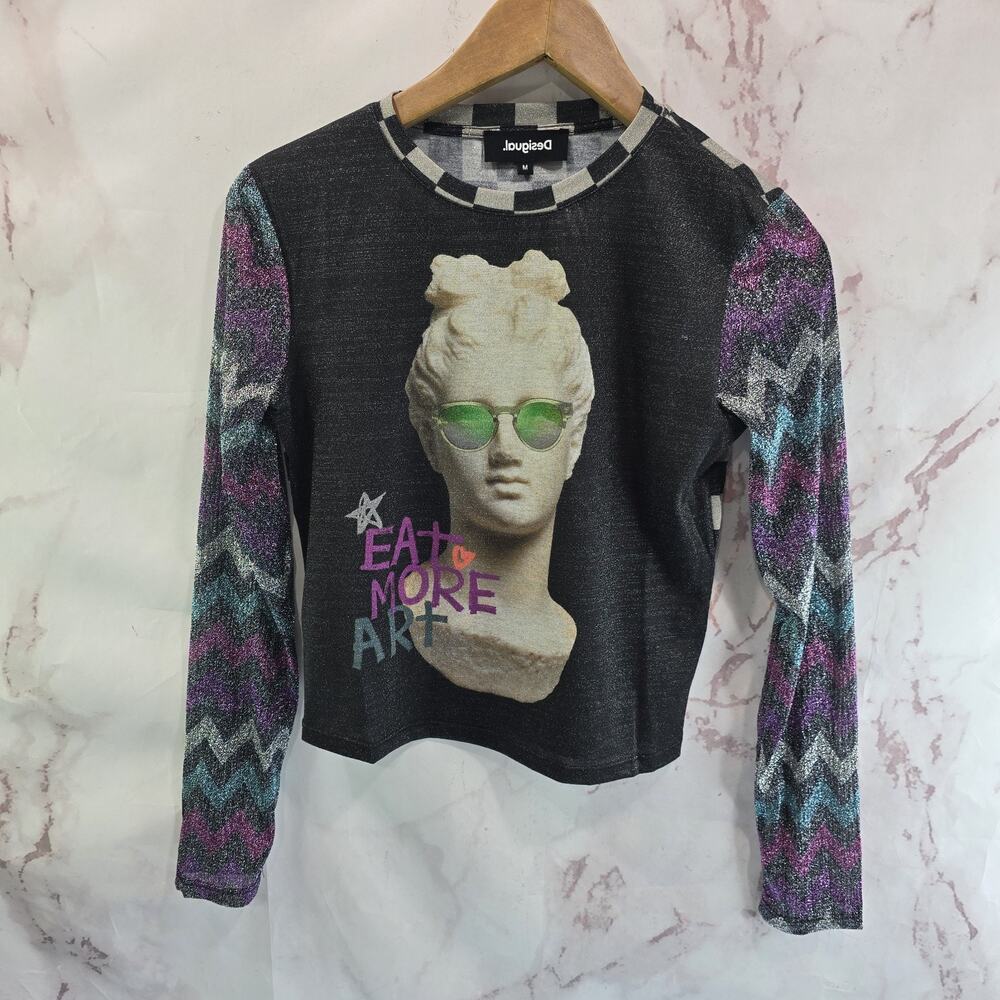 Desigual Shirt Girls Medium Purple Long Metallic Sparkle Eat More Art Checkered